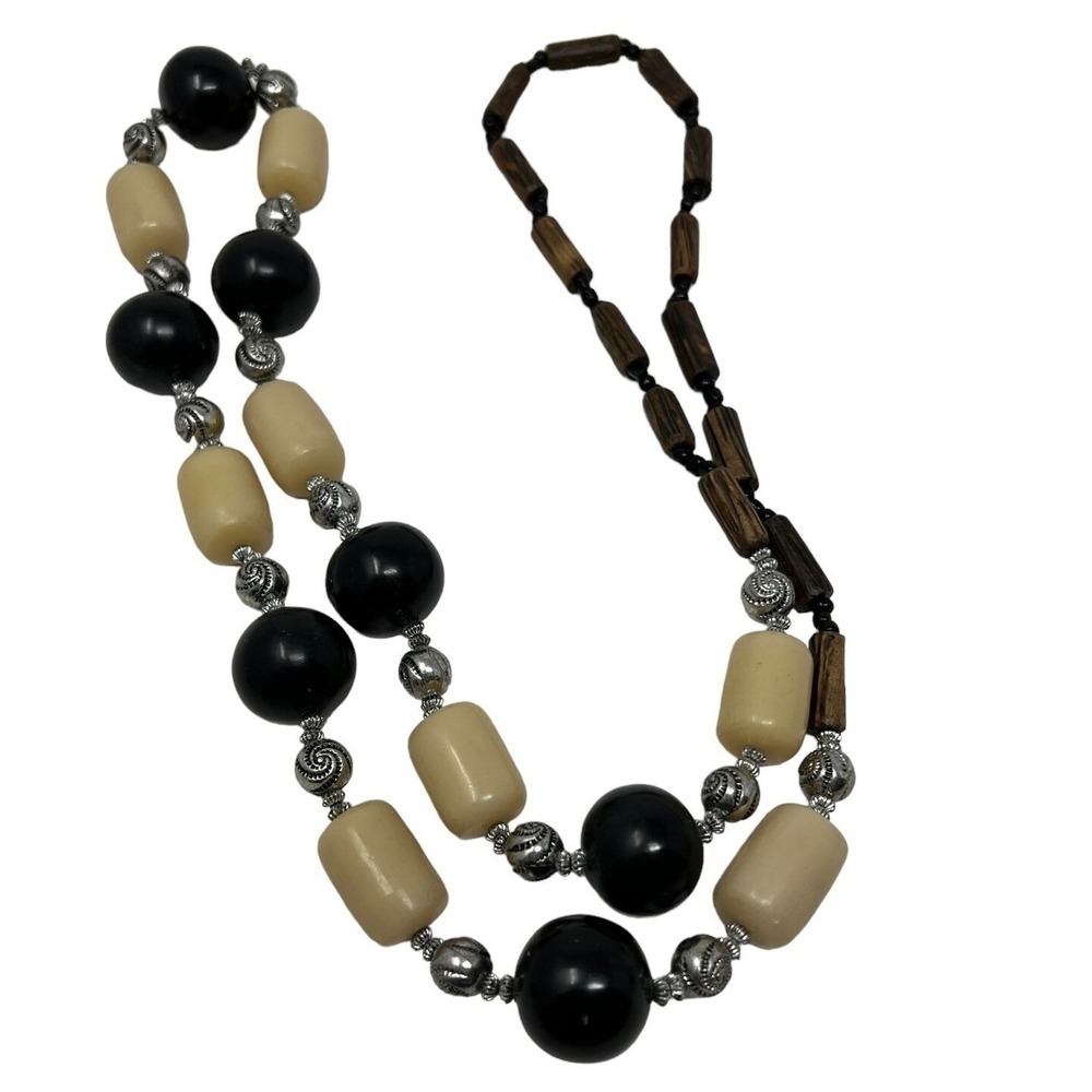 Vintage Boho Necklace Lucite Beads‎ with Silver Tone Accent Beads 38 inches